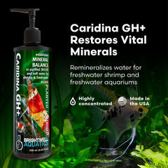 Détail d'étiquette Brightwell Aquatics Caridina GH+ affichant instructions et informations produit pratiques