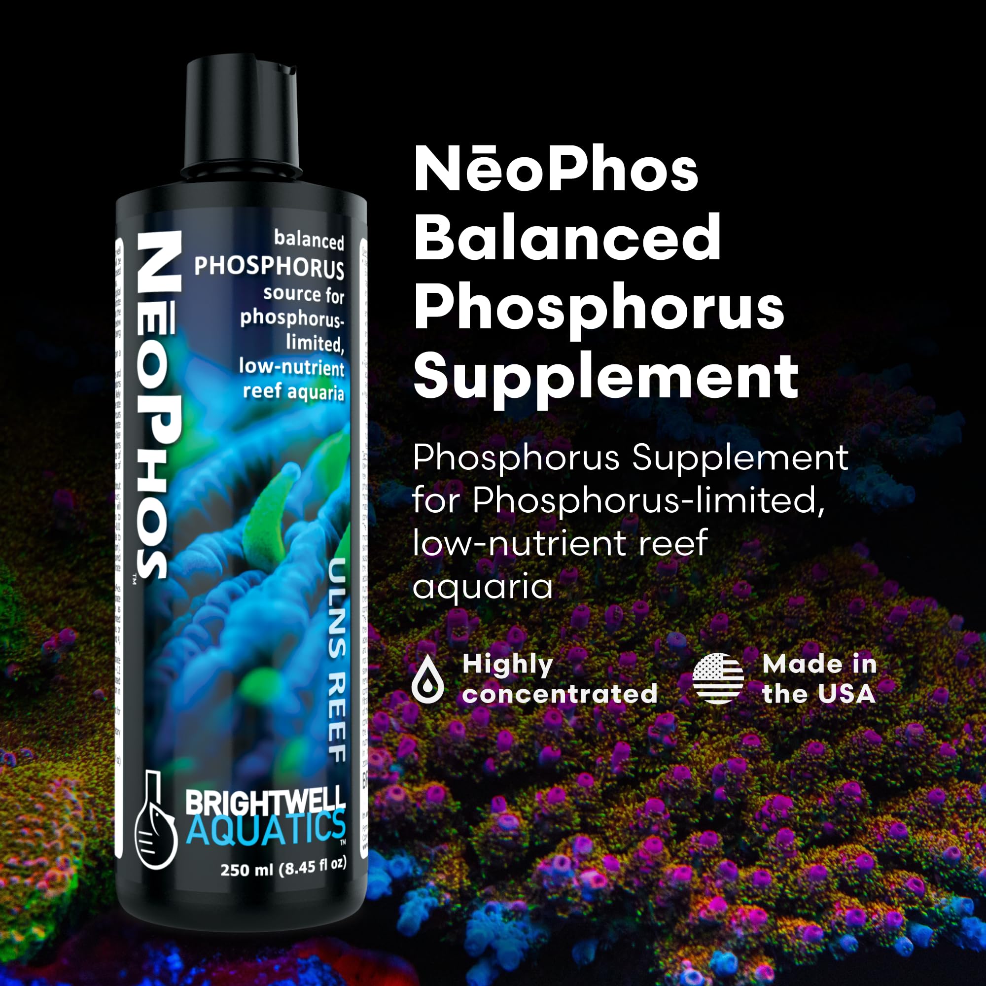 Brightwell Aquatics NēoPhos étiquette et emballage montrant instructions utiles