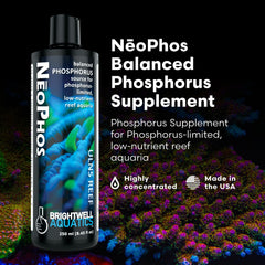 Brightwell Aquatics NēoPhos étiquette et emballage montrant instructions utiles