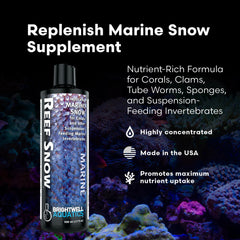Brightwell Aquatics étiquette Reef Snow gros plan montrant formulation scientifique
