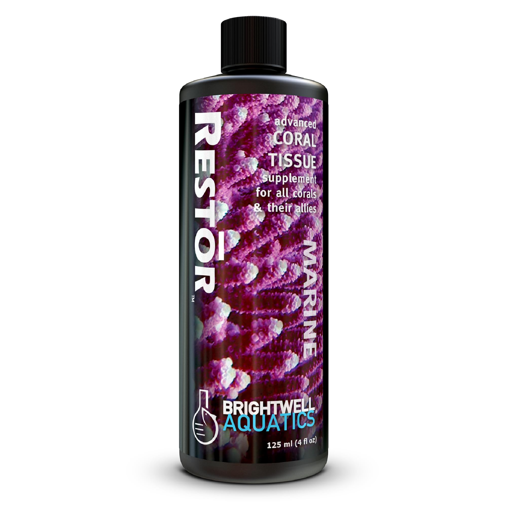 Brightwell Aquatics Restor flacon 125ml montrant le produit et l’étiquette lisible, soutien nutritif
