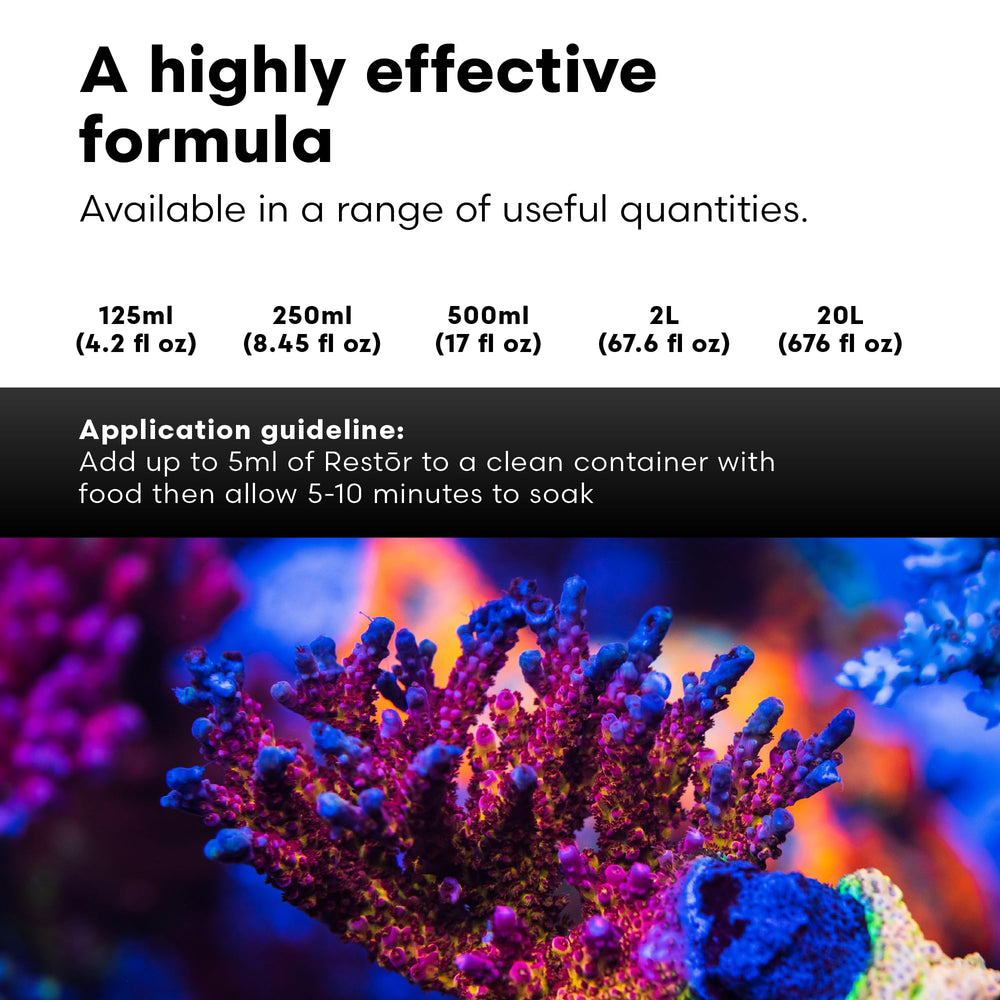 Flacon Restor 125ml en main pour comparer taille et dose, pratique pour aquariophiles