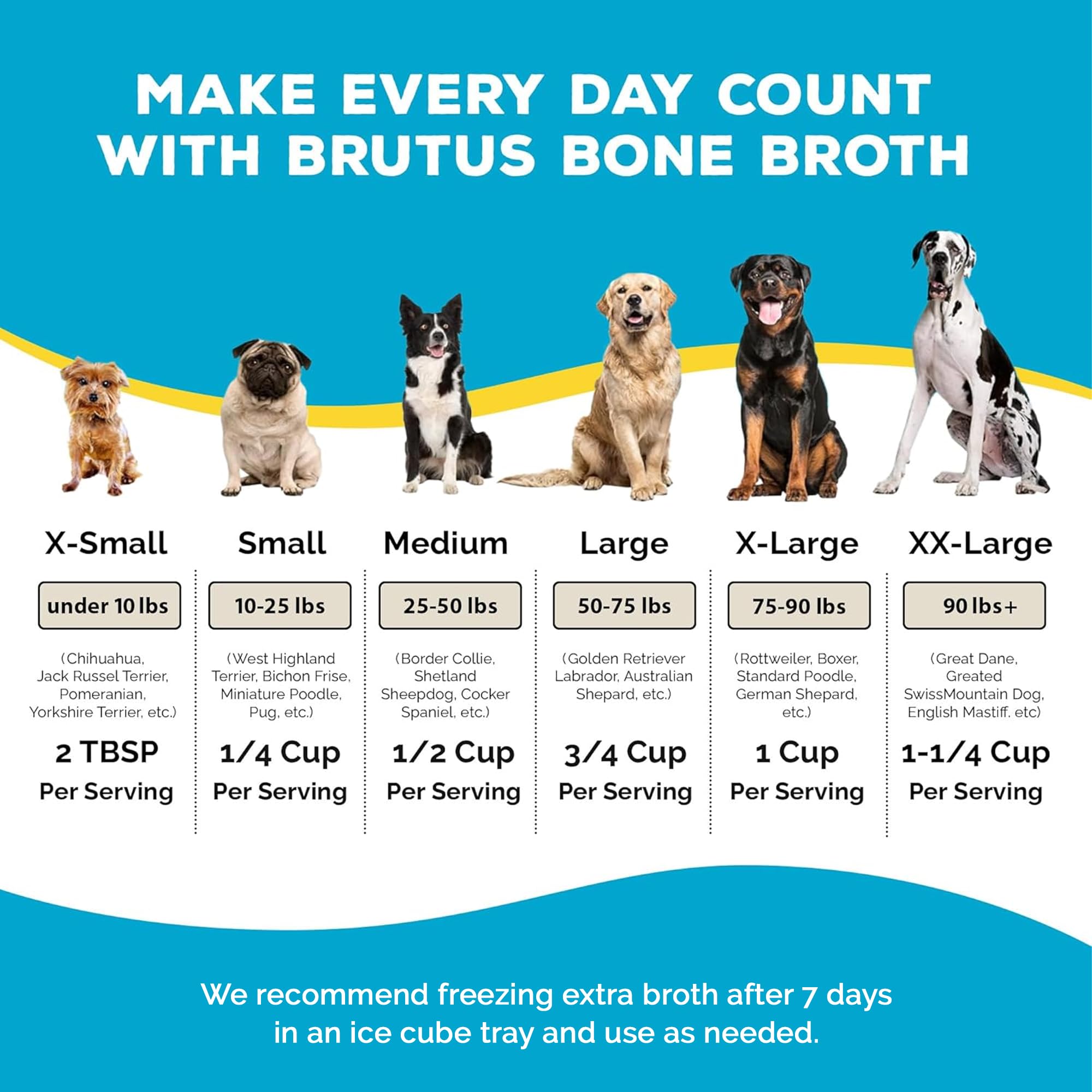 Comparaison d'échelle Brutus Bone Broth à côté d'une gamelle pour dosage clair