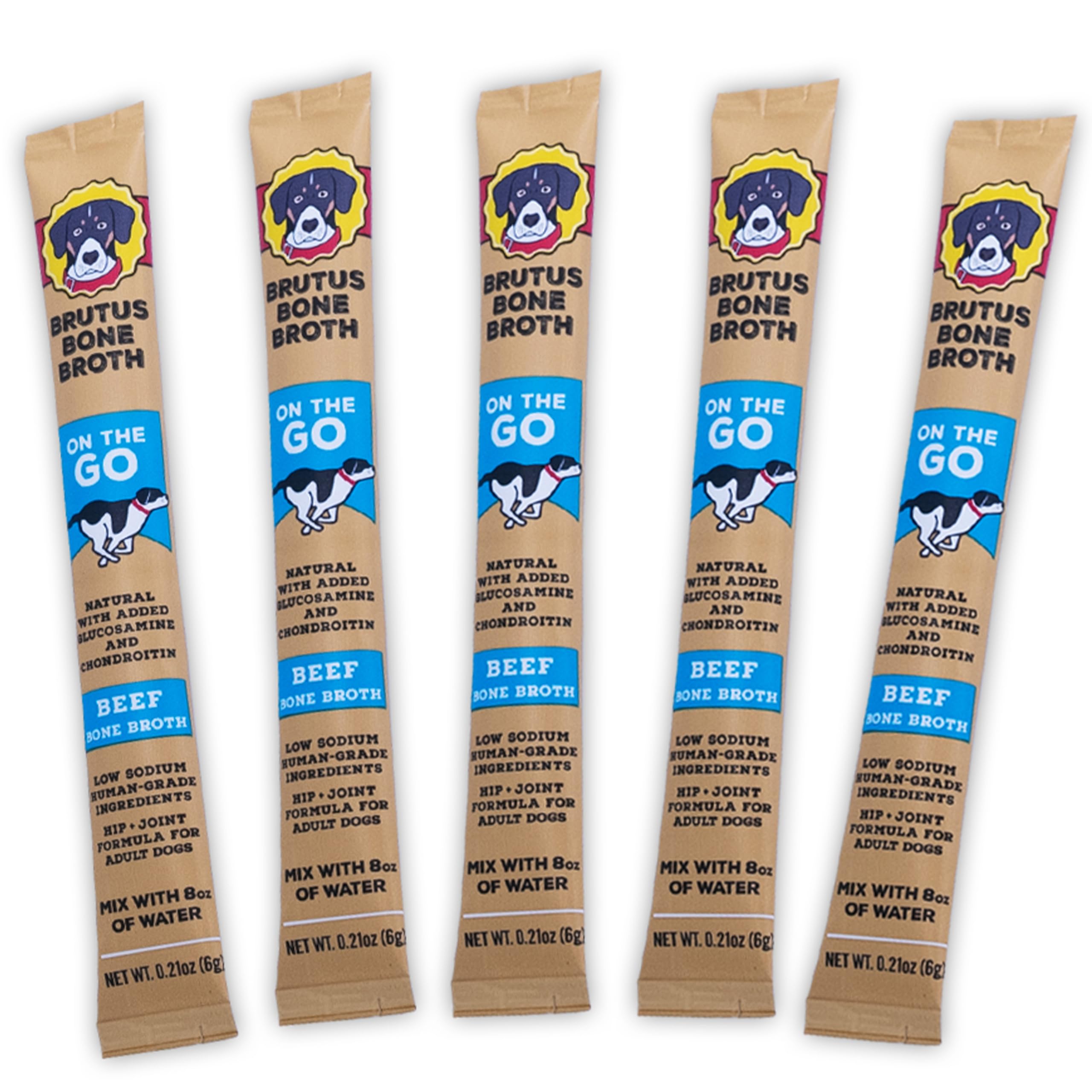 Brutus Bone Broth emballage avant montrant les sticks pratiques et bénéfice transportable