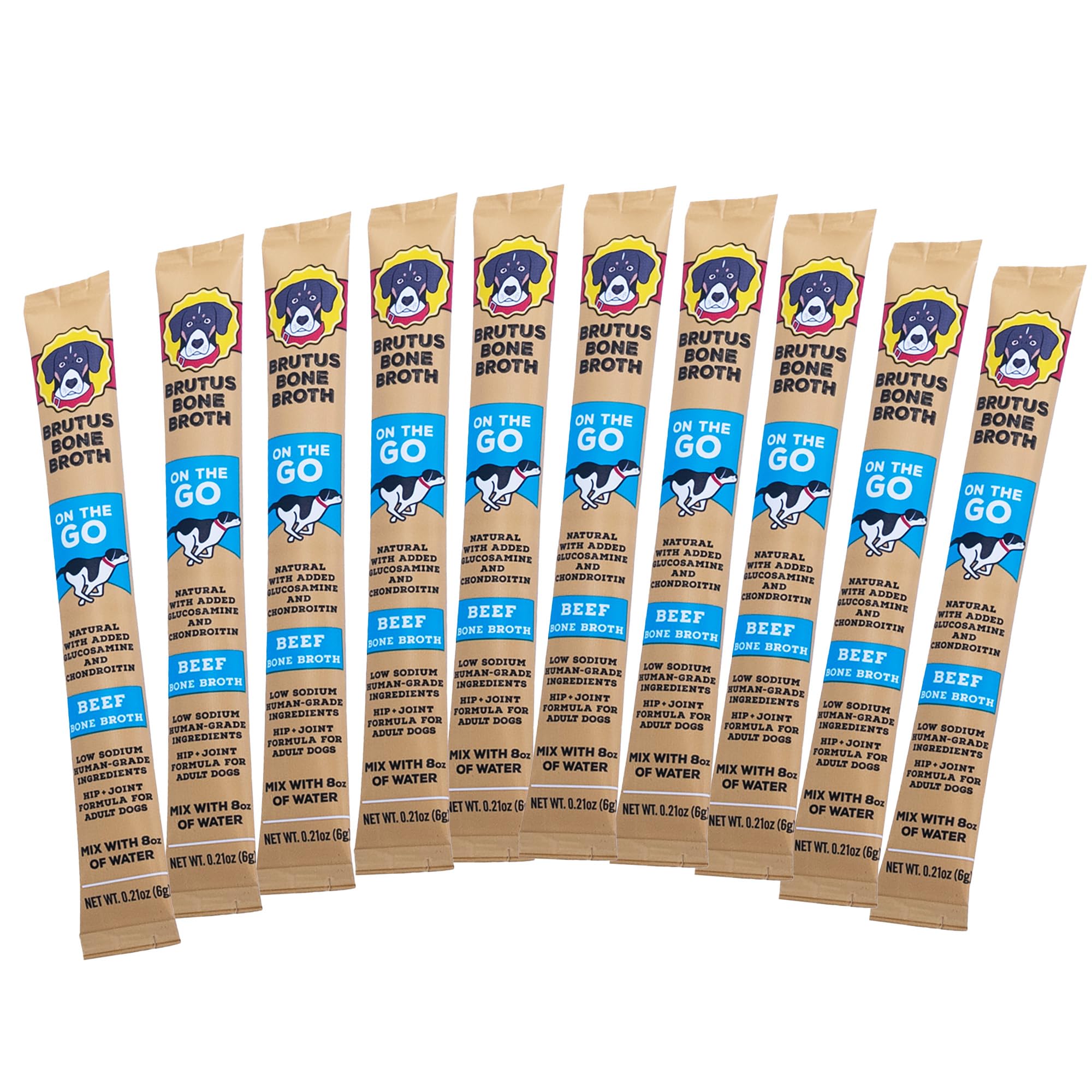 Brutus Bone Broth emballage avant montrant sticks pratiques et bénéfices