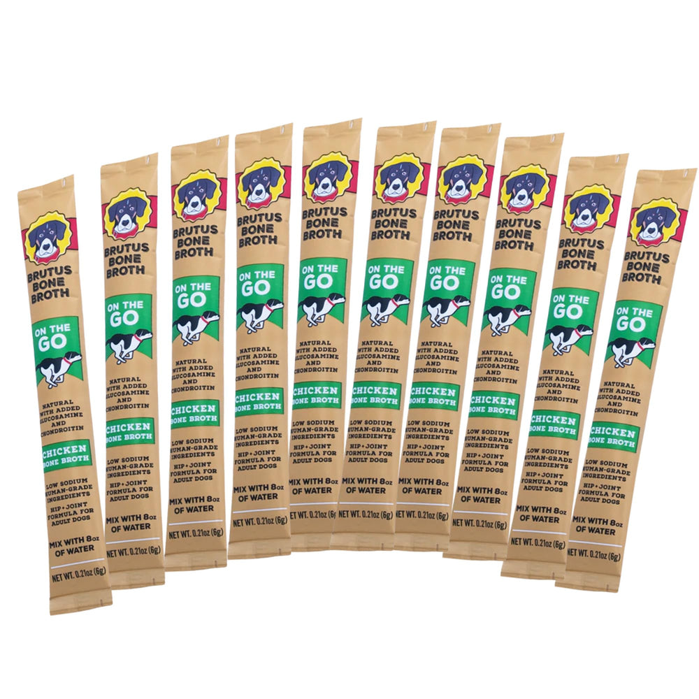 Brutus Bone Broth emballage avant montrant sticks pratiques et bénéfice nomade