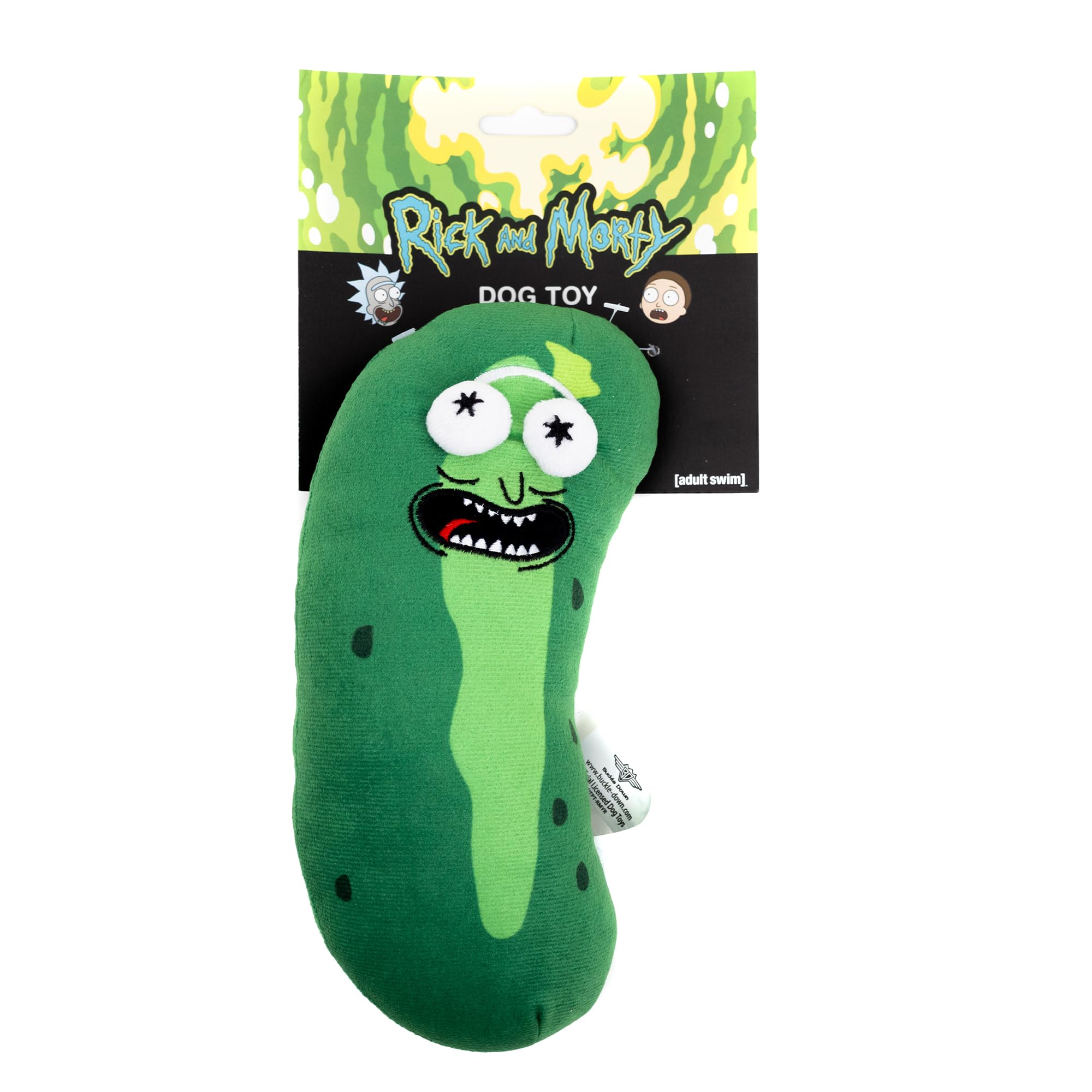 Chien jouant avec Buckle-Down Pickle Rick pour encourager l'activité et le rapport