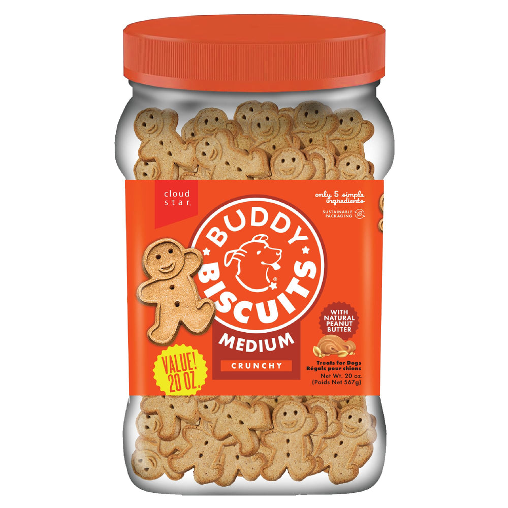 Buddy Biscuits pot devant montrant l’emballage pratique et la fraîcheur