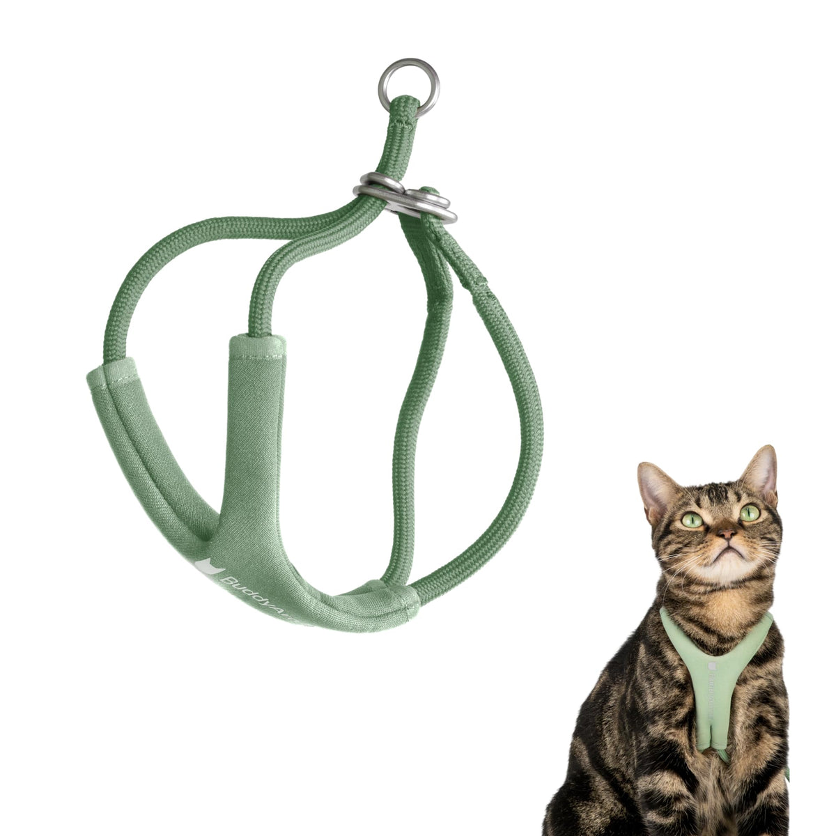 BuddyArmor harnais face olive montrant maintien sécurisé