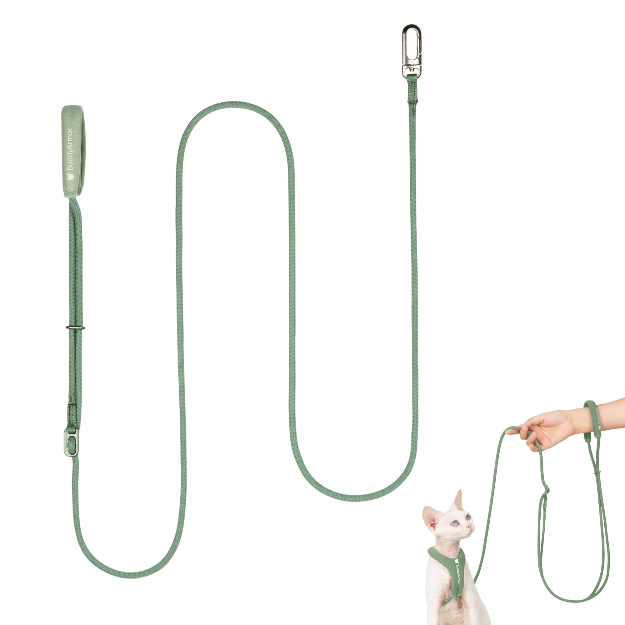 BuddyArmor laisse olive montrée sur l'emballage, présentation claire et compacte