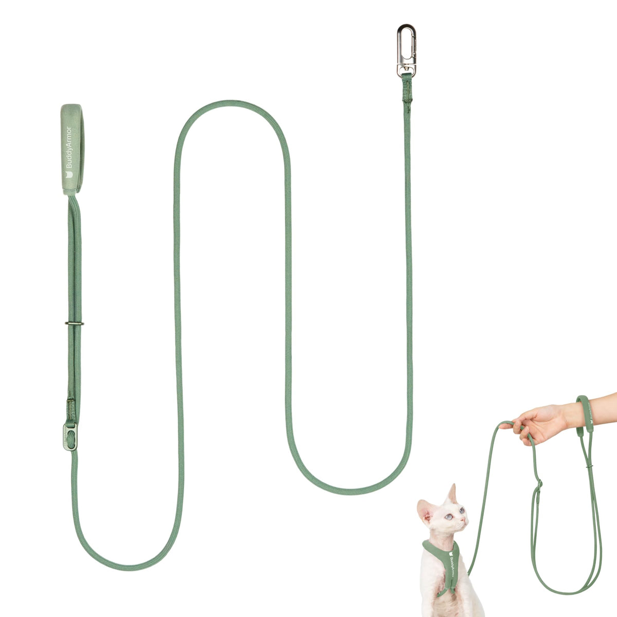 BuddyArmor laisse olive montrée sur l'emballage, présentation claire et compacte