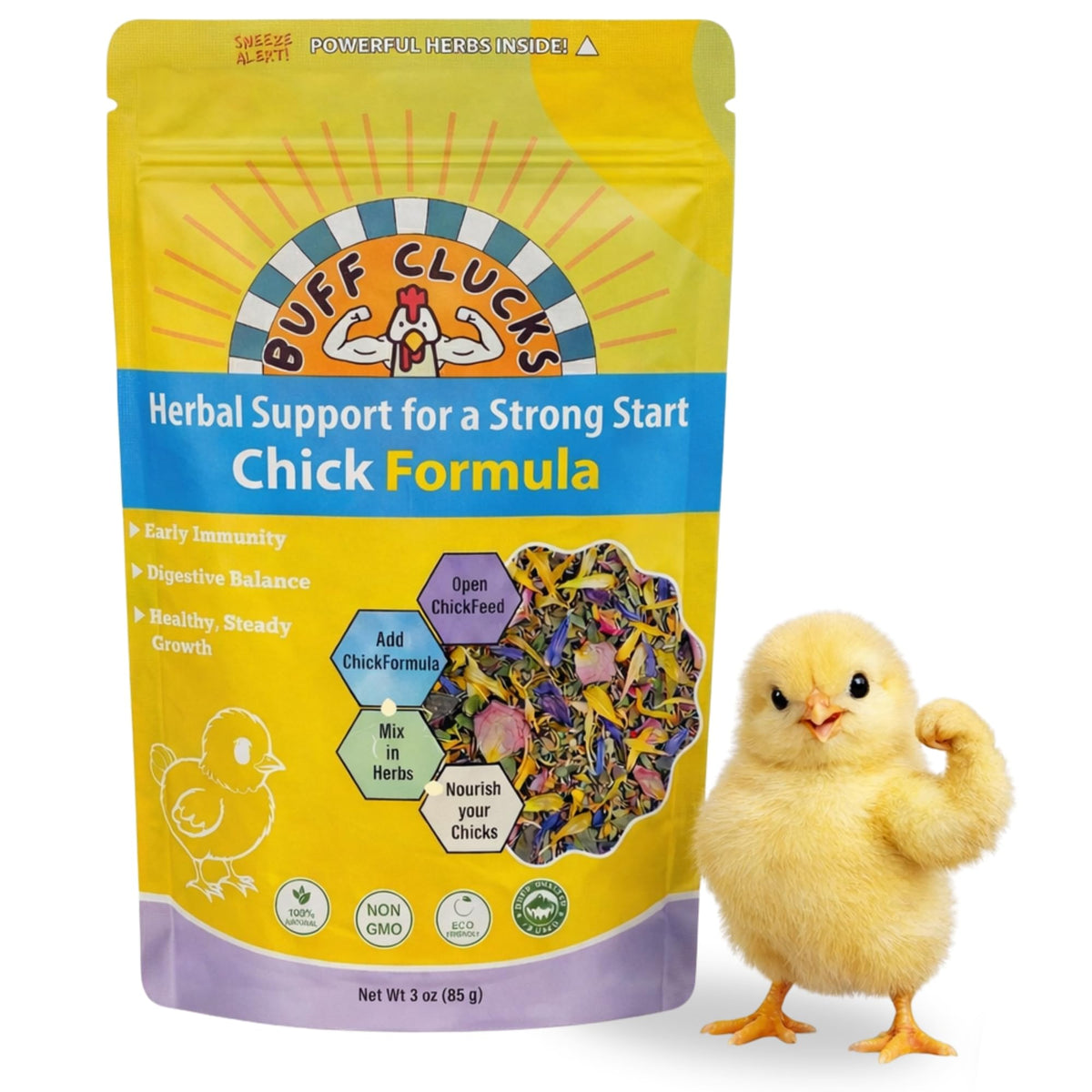 Buff Clucks emballage avant montrant étiquette naturelle et informations produit