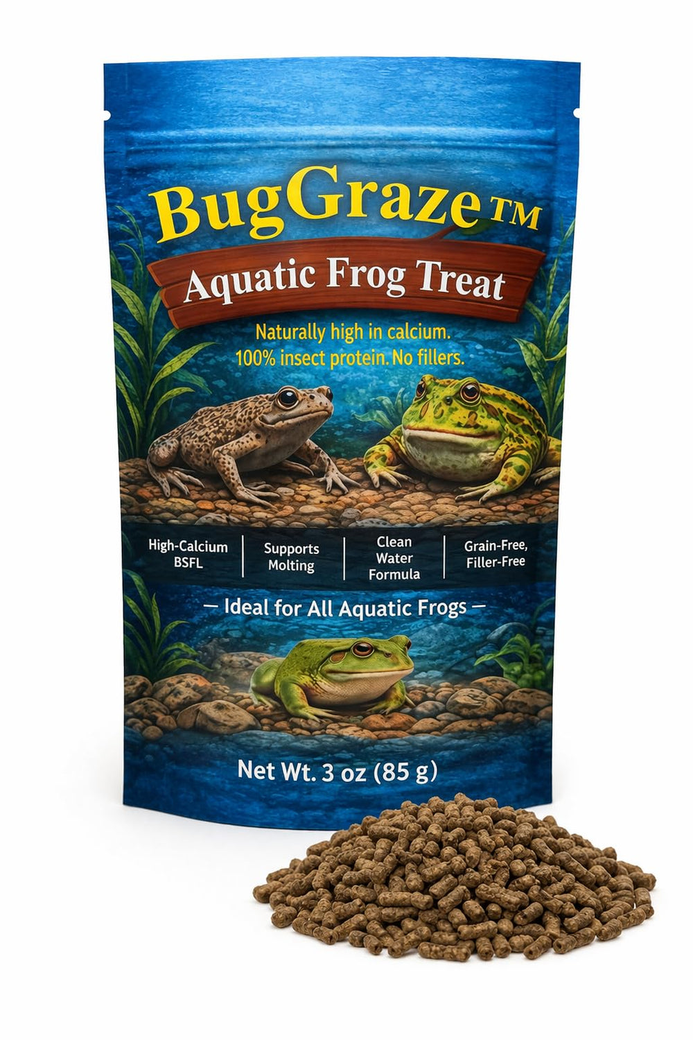 BugGraze emballage avant montrant granulés naturels et bénéfice de protéines