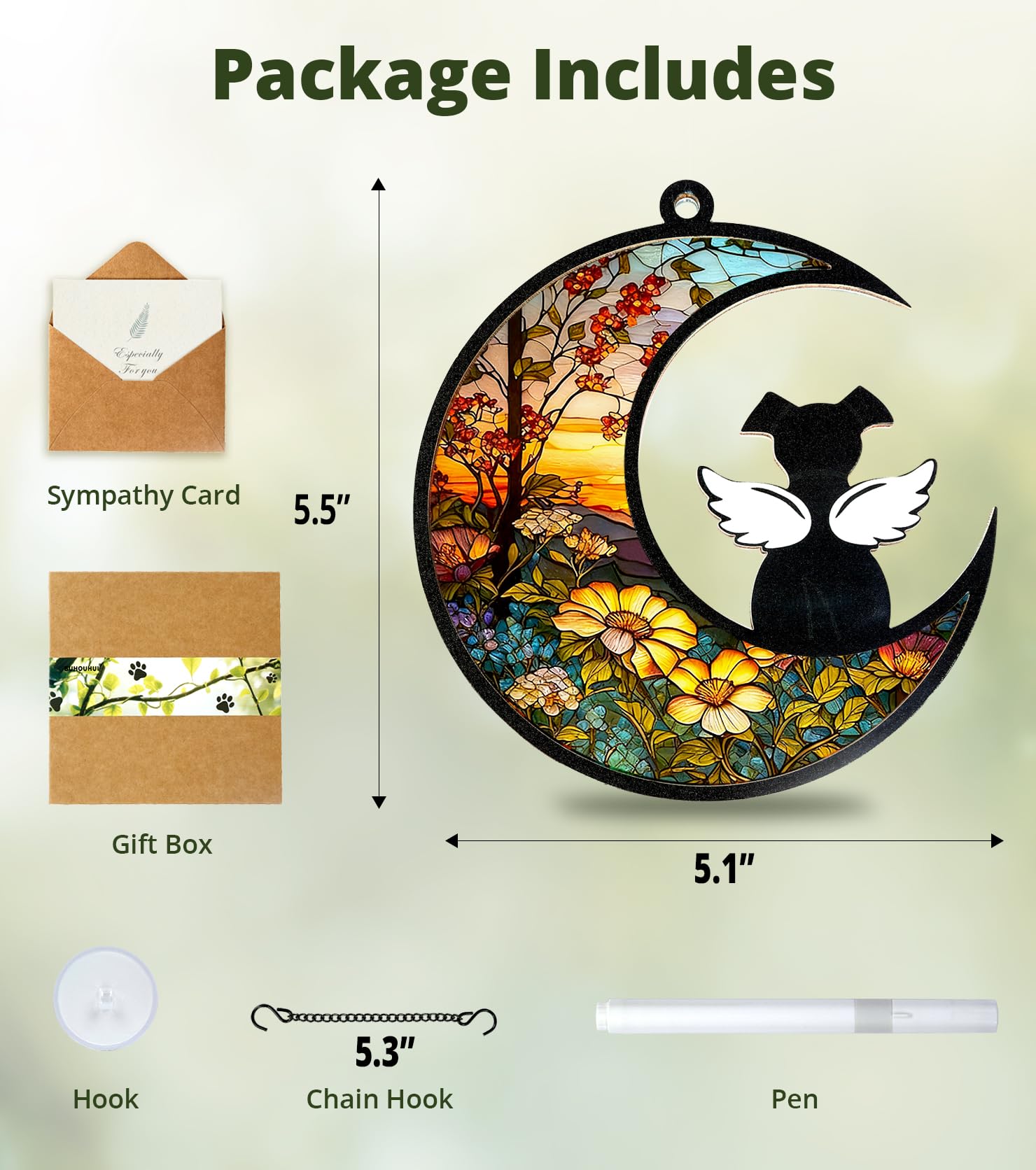 BUHOUHUI coffret cadeau ouvert contenant suncatcher, carte, stylo et chaîne