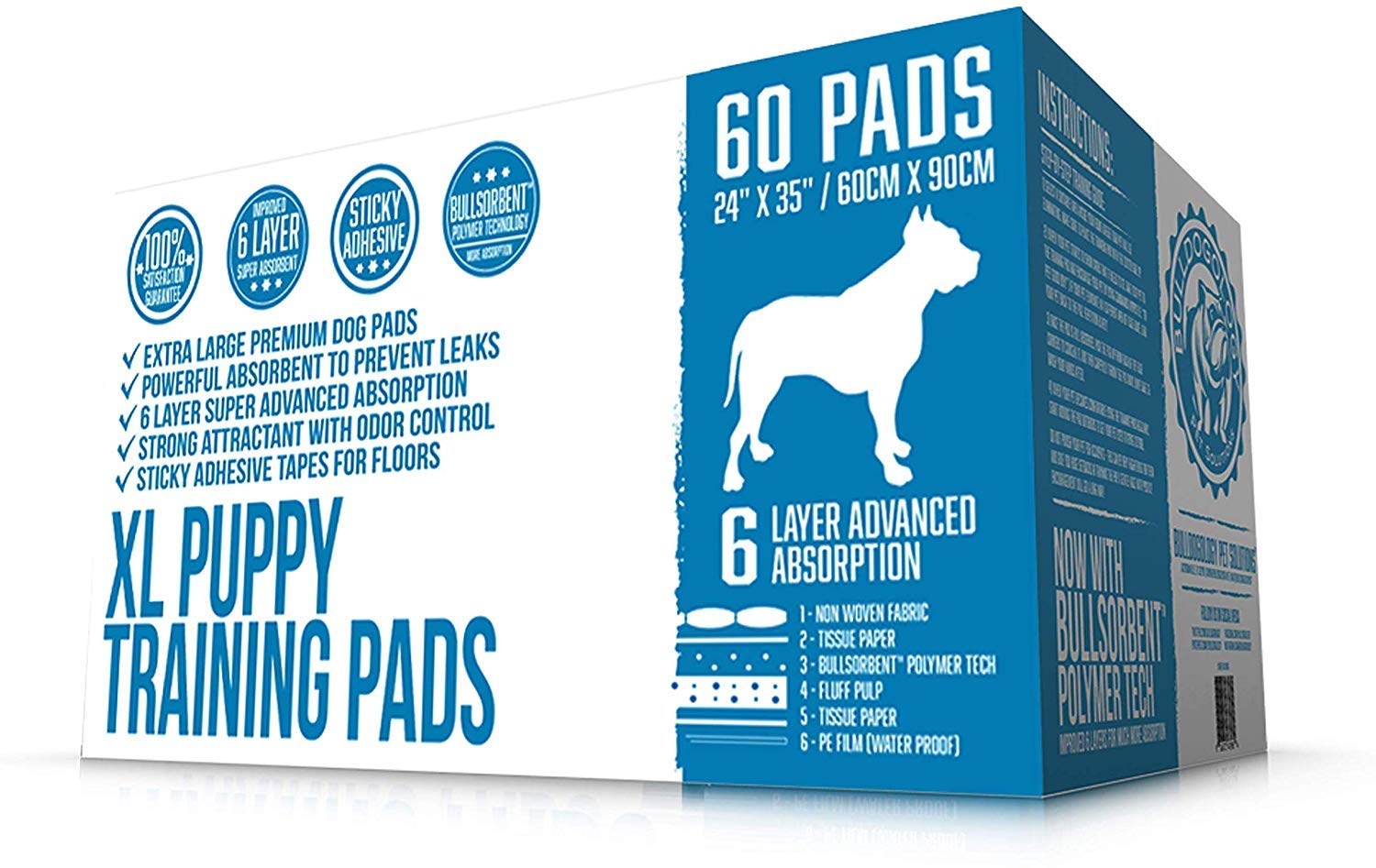 Bulldogology packaging avant montrant 60 tapis XL pour protection rapide