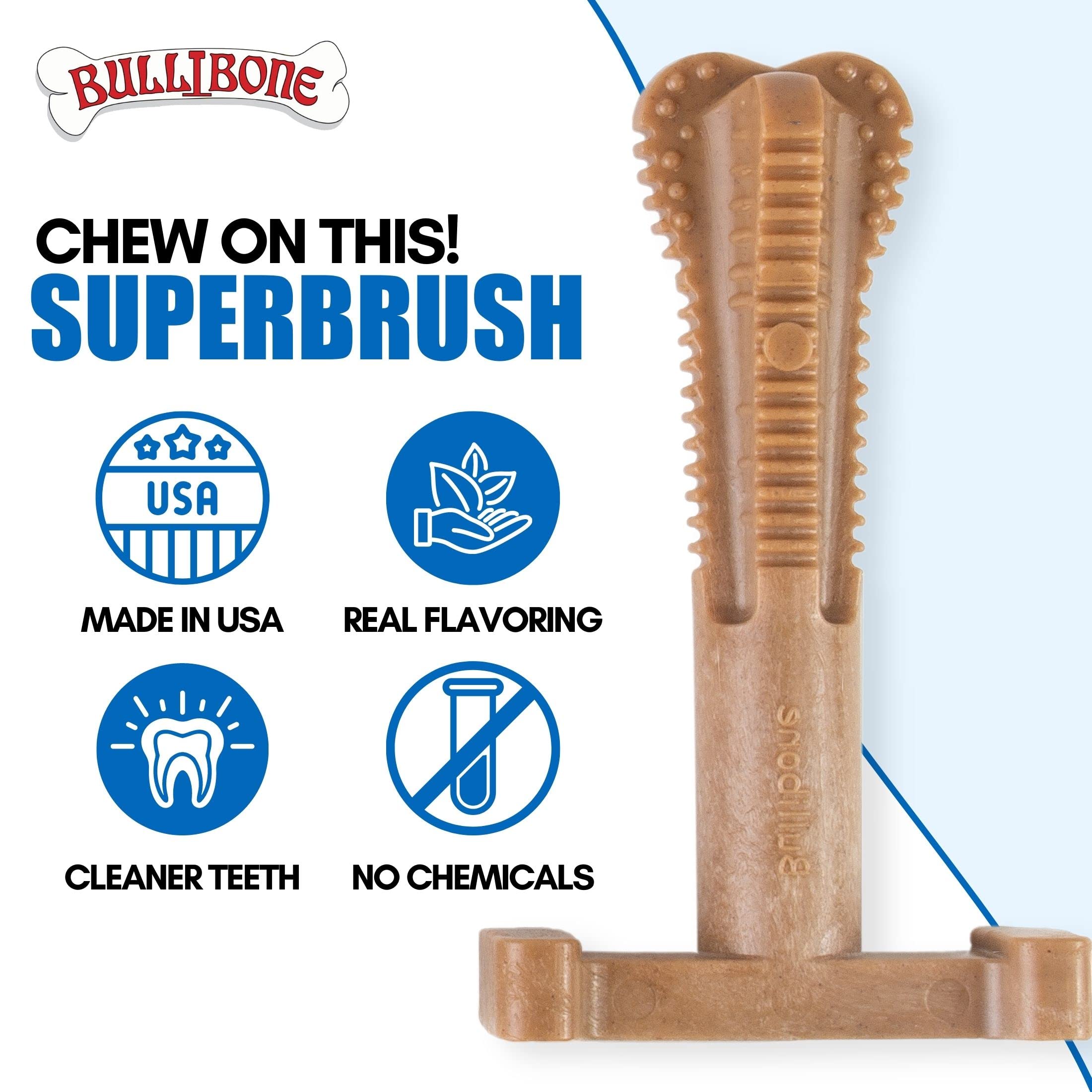Base large et poignée du Bullibone SuperBrush facilitant la prise et la tenue pendant la mastication