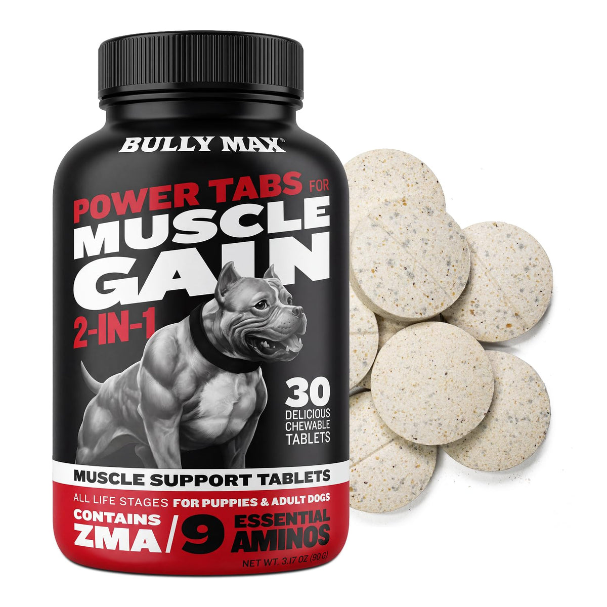 Bully Max emballage avant montrant 30 comprimés et bénéfice support musculaire