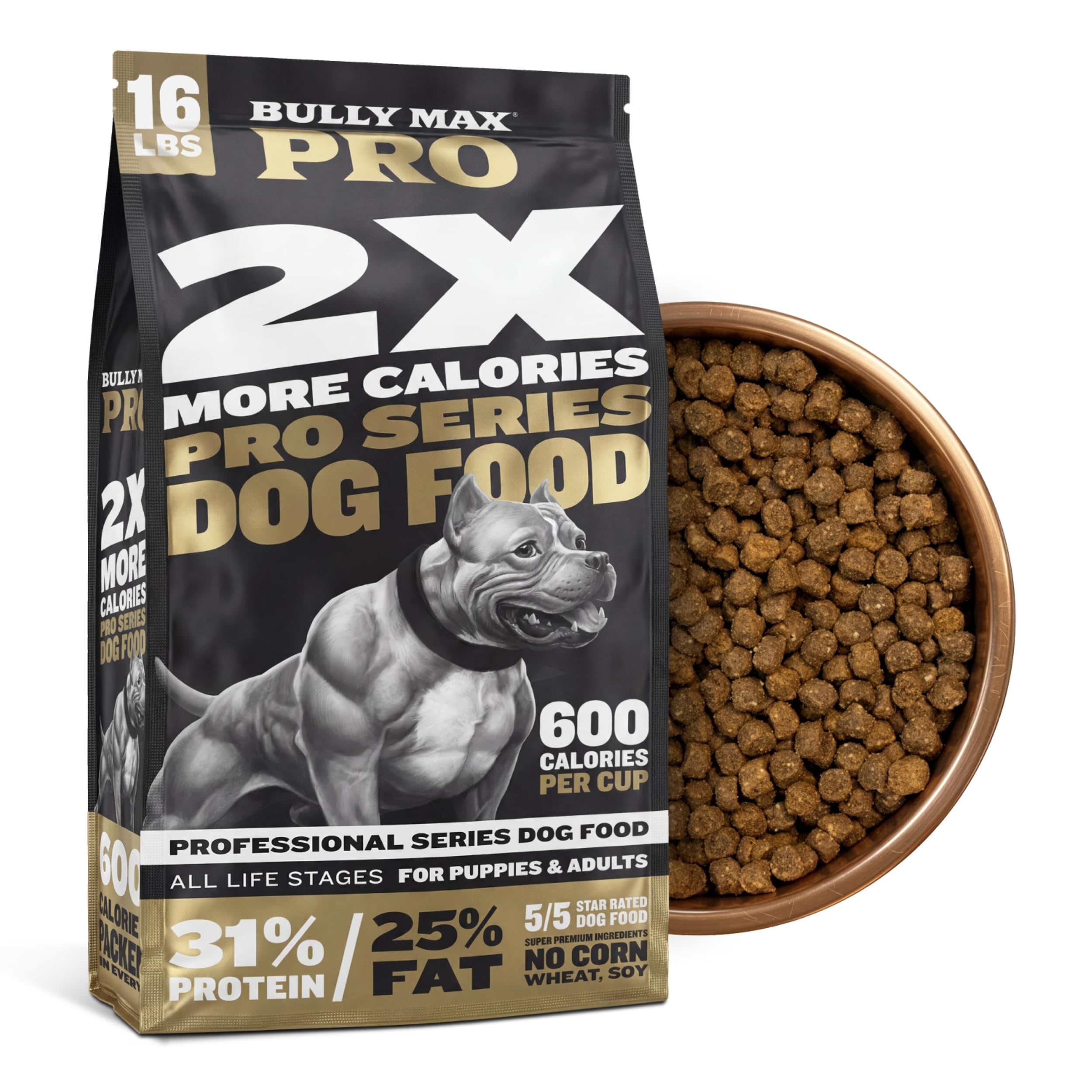 Bully Max sac 16 lb montrant étiquette et bénéfice prise de poids contrôlée