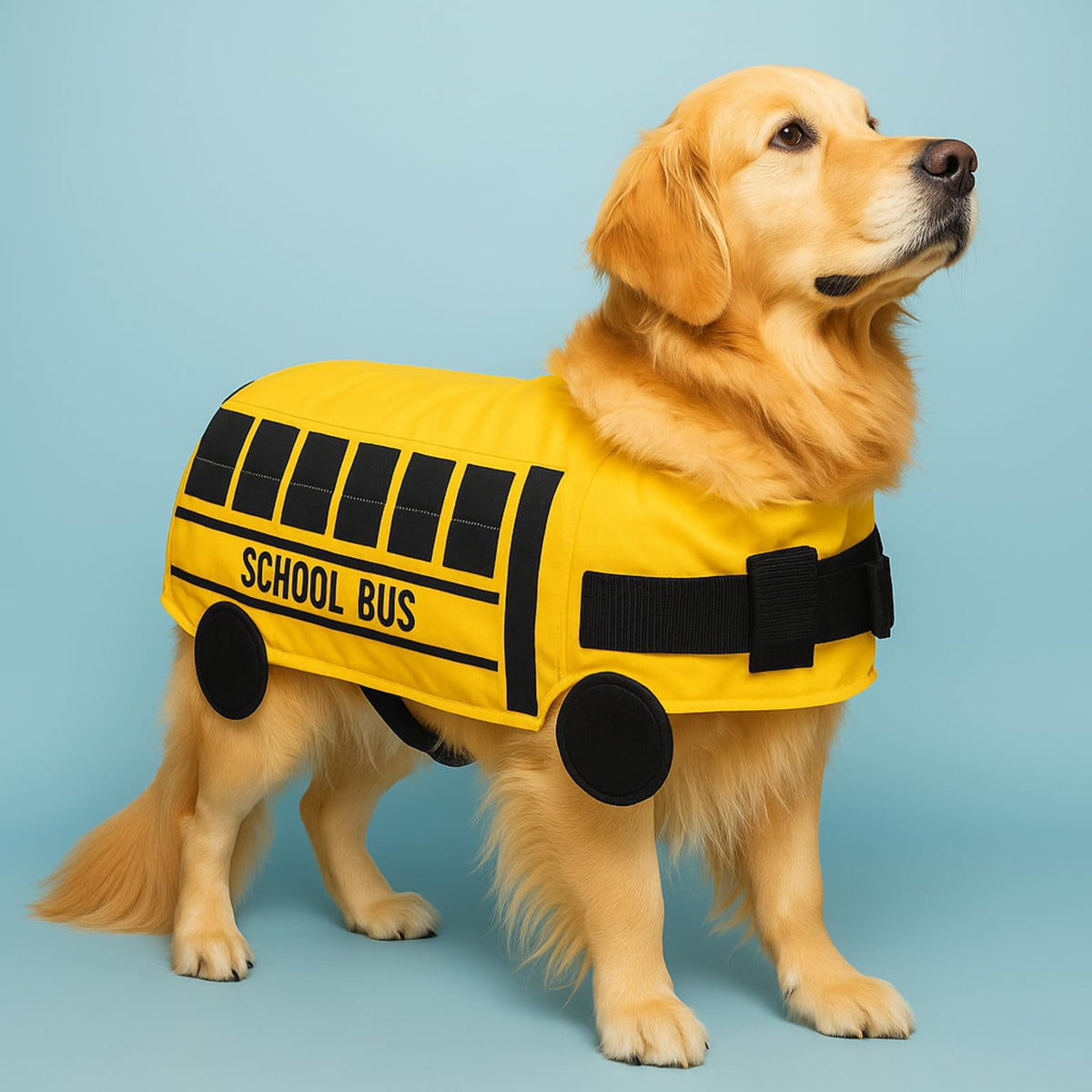 Bulyoou vue de face du costume bus scolaire, rend le chien visible