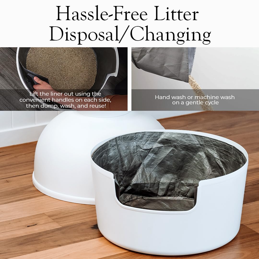 Bundle & Bliss chat utilisant le bac avec liner pour hygiène et confort accrus