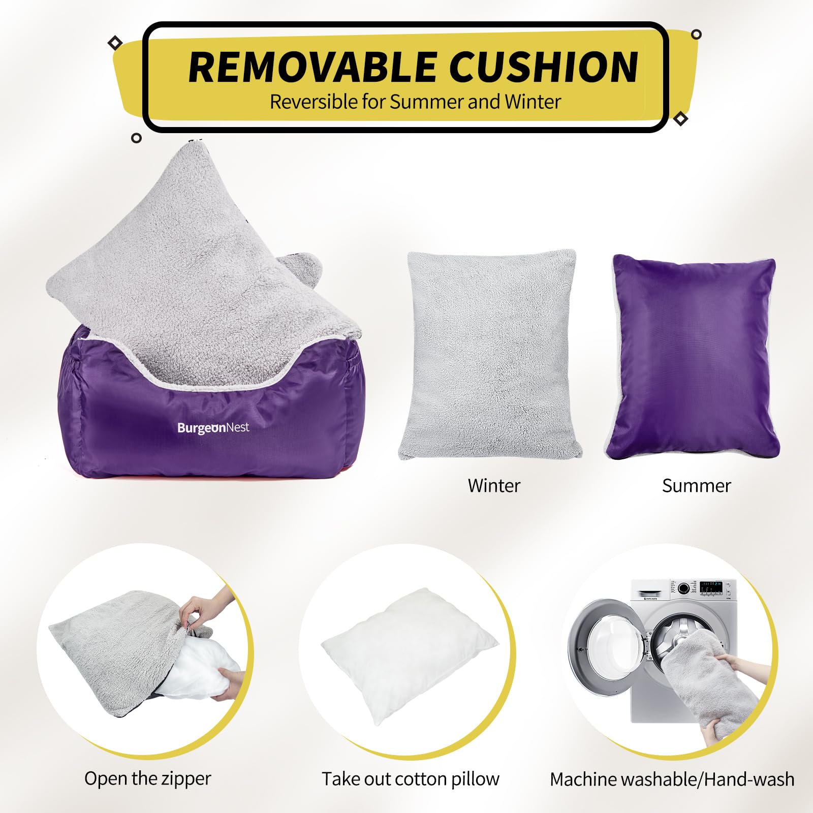 BurgeonNest coussin réversible détail montrant confort toutes saisons