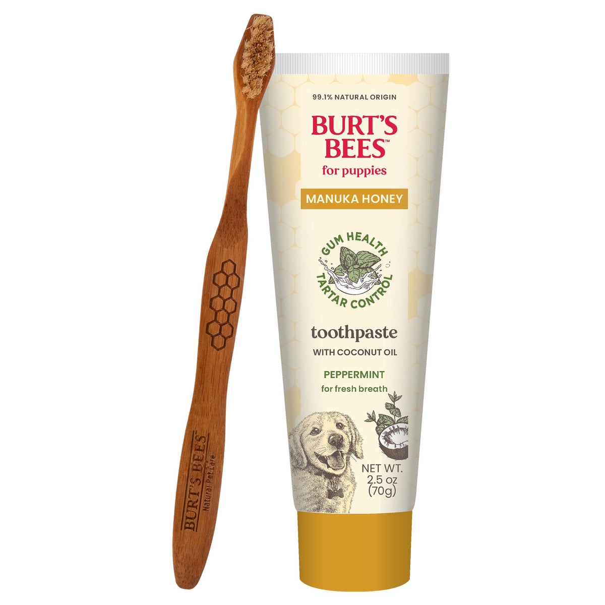 BURT'S BEES FOR PETS boîte avant du kit chiot, présentation claire pour démarrer le brossage