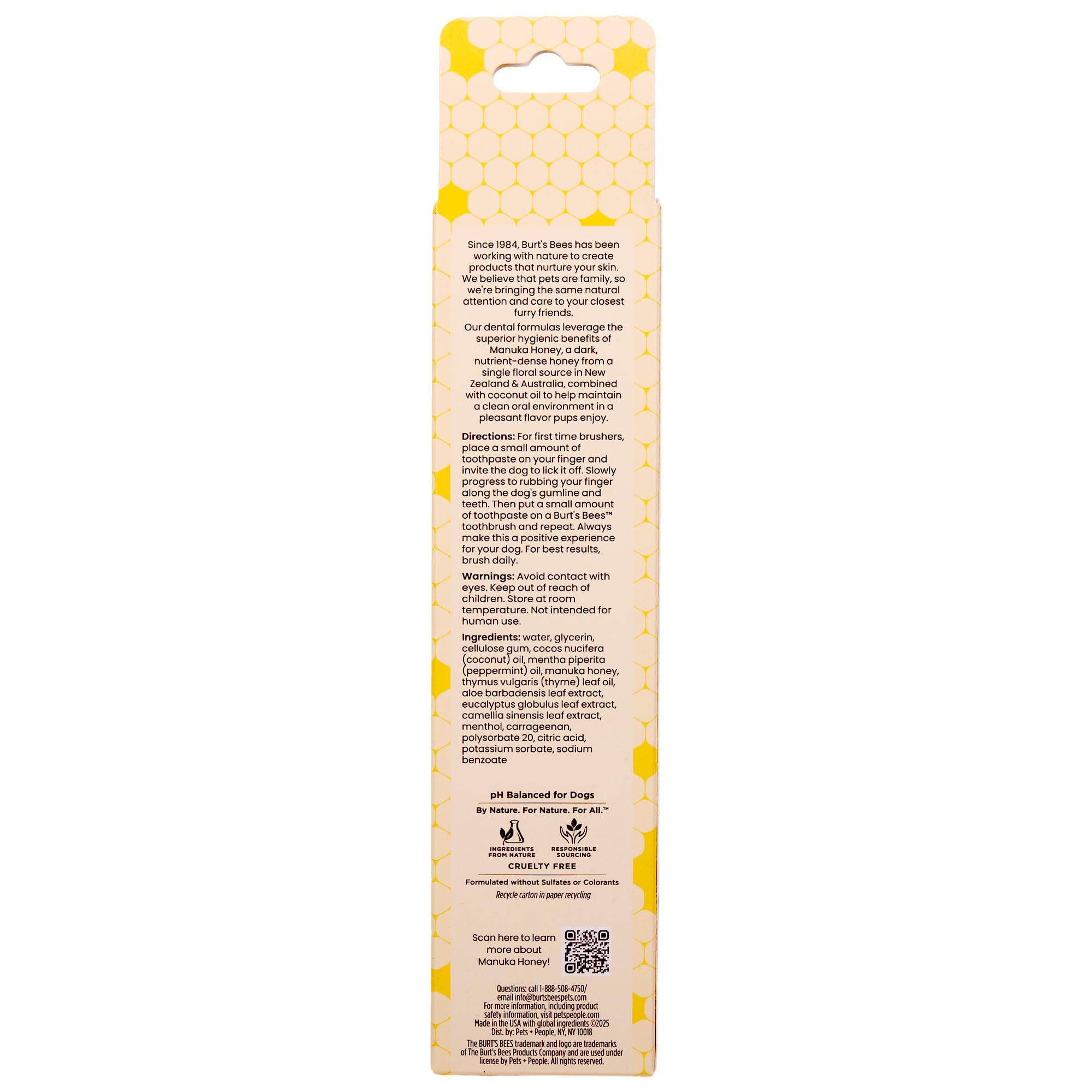 BURT'S BEES FOR PETS tube de dentifrice 2,5 oz montrant la taille et les ingrédients naturels