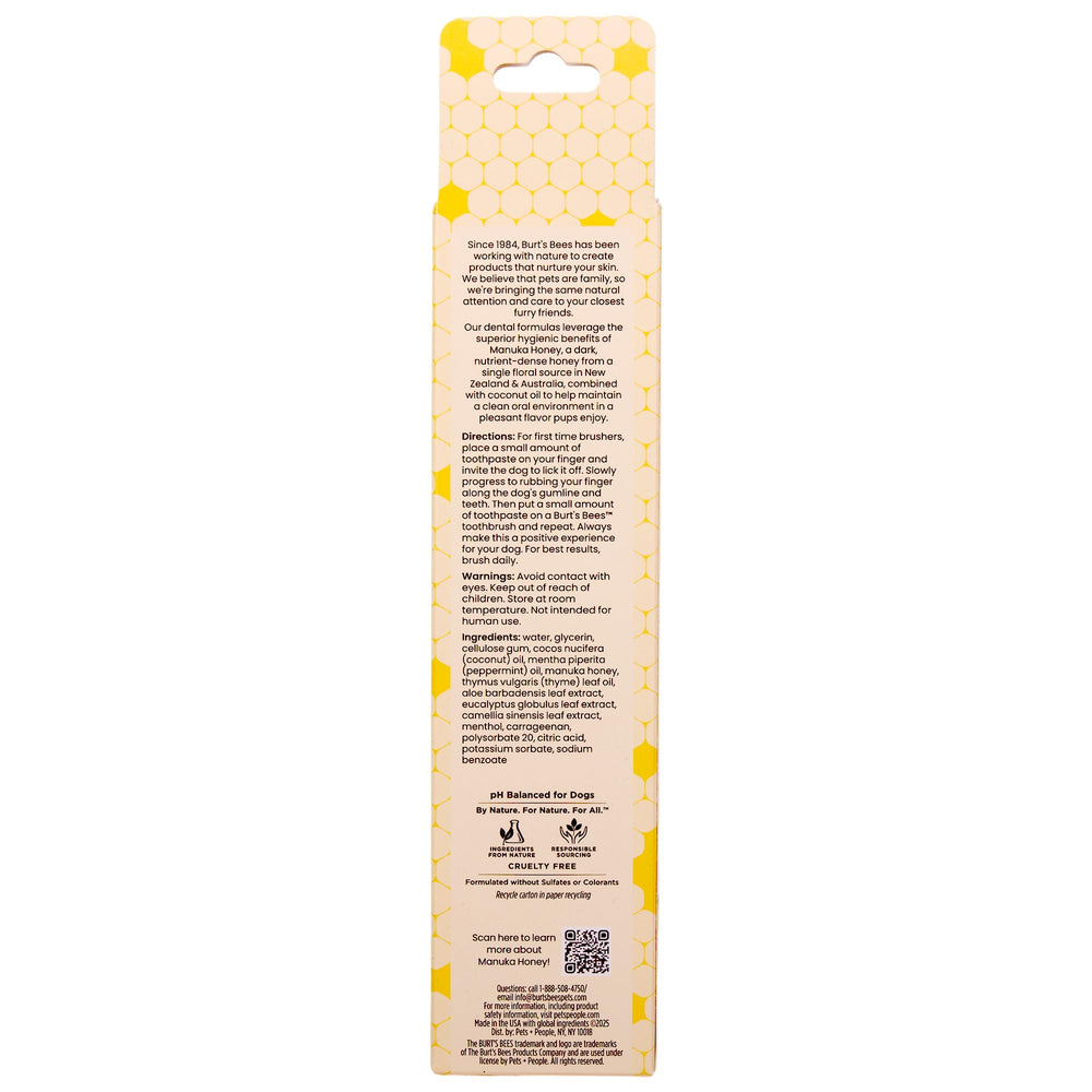 BURT'S BEES FOR PETS tube de dentifrice 2,5 oz montrant la taille et les ingrédients naturels