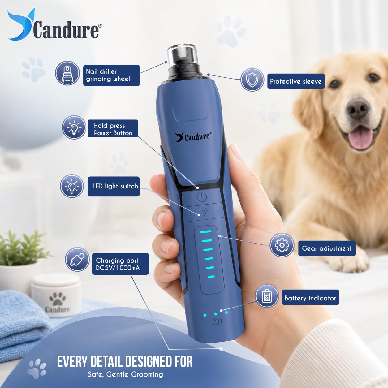 Candure en action limant un ongle de chien réduisant stress et bruit