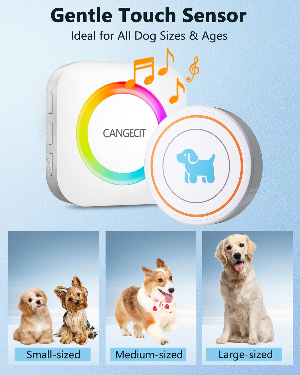 Cangecit gros plan sur le bouton tactile sensible facilitant la pression pour chiots