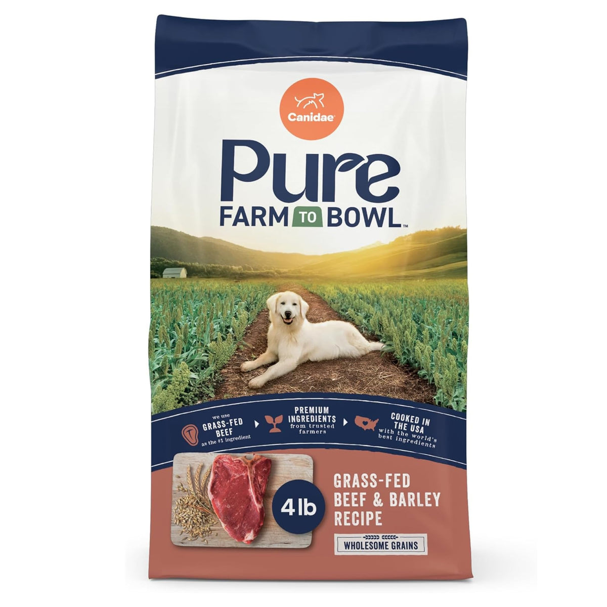 CANIDAE emballage avant présentant la recette bœuf et orge, rassurant la qualité
