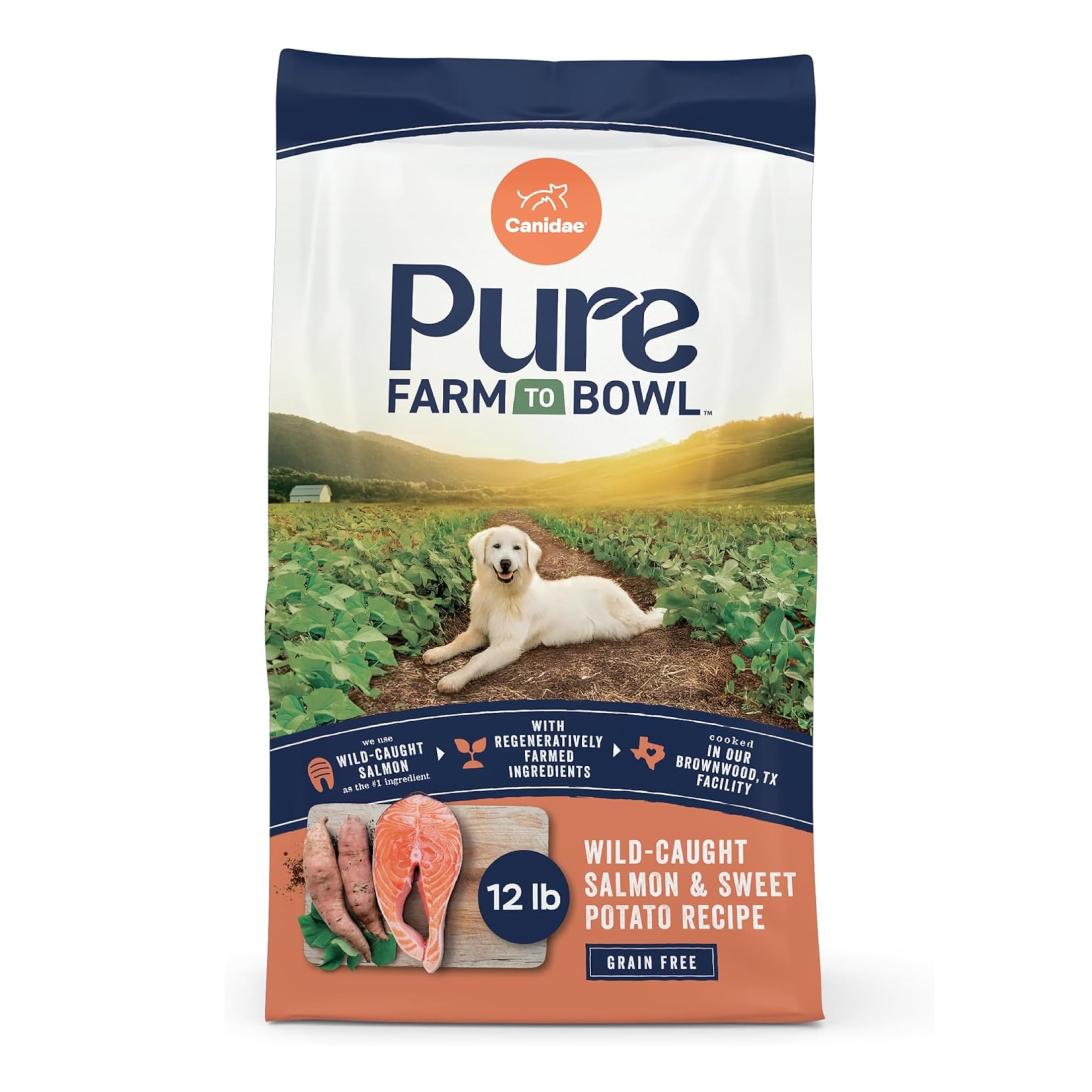 CANIDAE emballage avant montrant la recette Saumon Sauvage bénéfice confiance