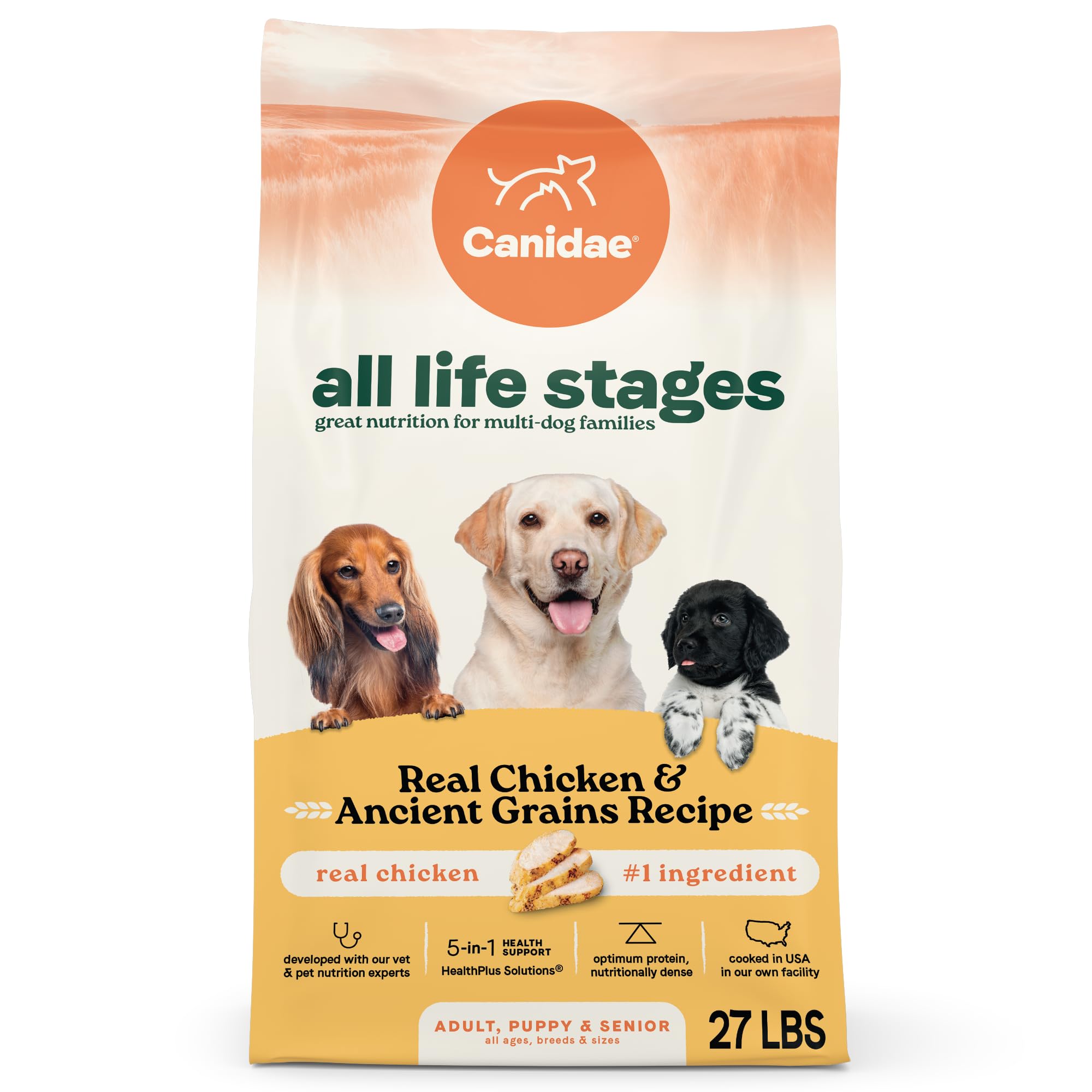 CANIDAE vue frontale du sachet 27 lb montrant la marque et bénéfice nutritionnel