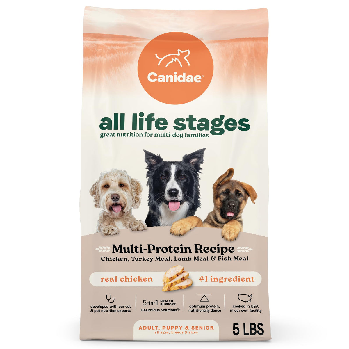 CANIDAE sac 5 lb face avant montrant la formule multi-protéines et bénéfice praticité