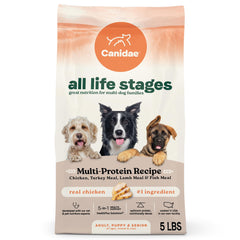 CANIDAE sac 5 lb face avant montrant la formule multi-protéines et bénéfice praticité