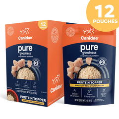 CANIDAE ouvert gros plan sur sauce et morceaux de poulet, montre qualité