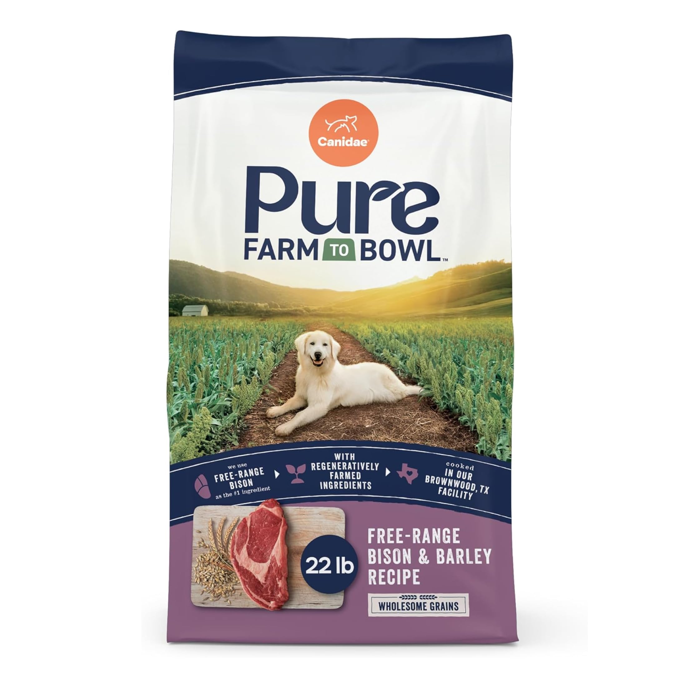 CANIDAE sachet avant bison et orge montrant ingrédients clairs et attrayants