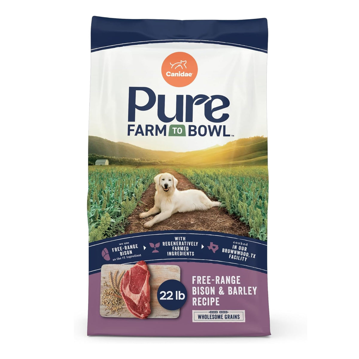 CANIDAE sachet avant bison et orge montrant ingrédients clairs et attrayants