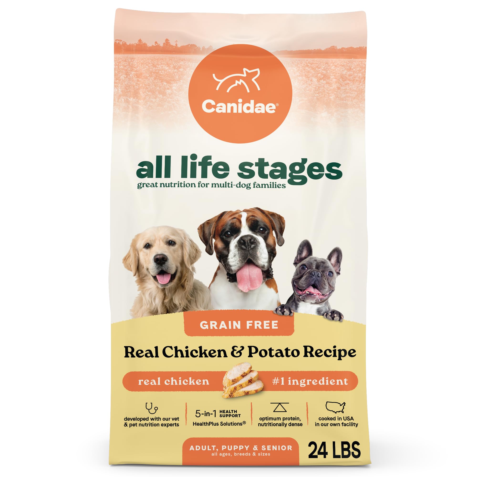 CANIDAE sachet face poulet 24 lb montrant le packaging et praticité