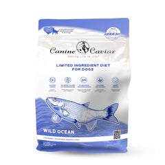 Canine Caviar emballage face montrant recette Wild Ocean et bénéfice nutritionnel