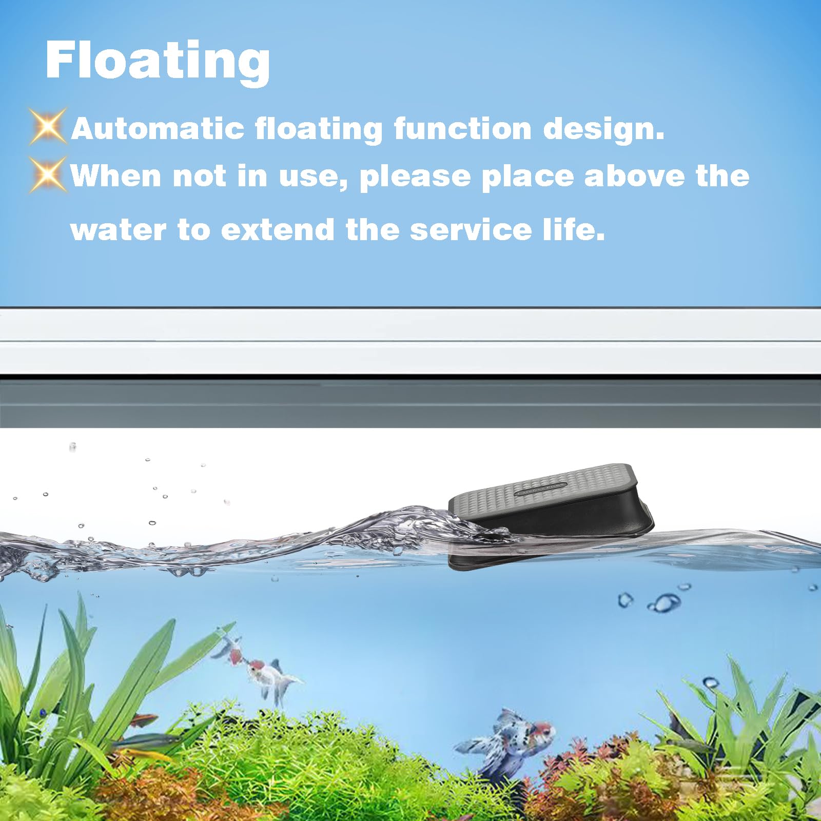 Carefree Fish en usage sur une vitre d'aquarium démontrant nettoyage sans immerger les mains