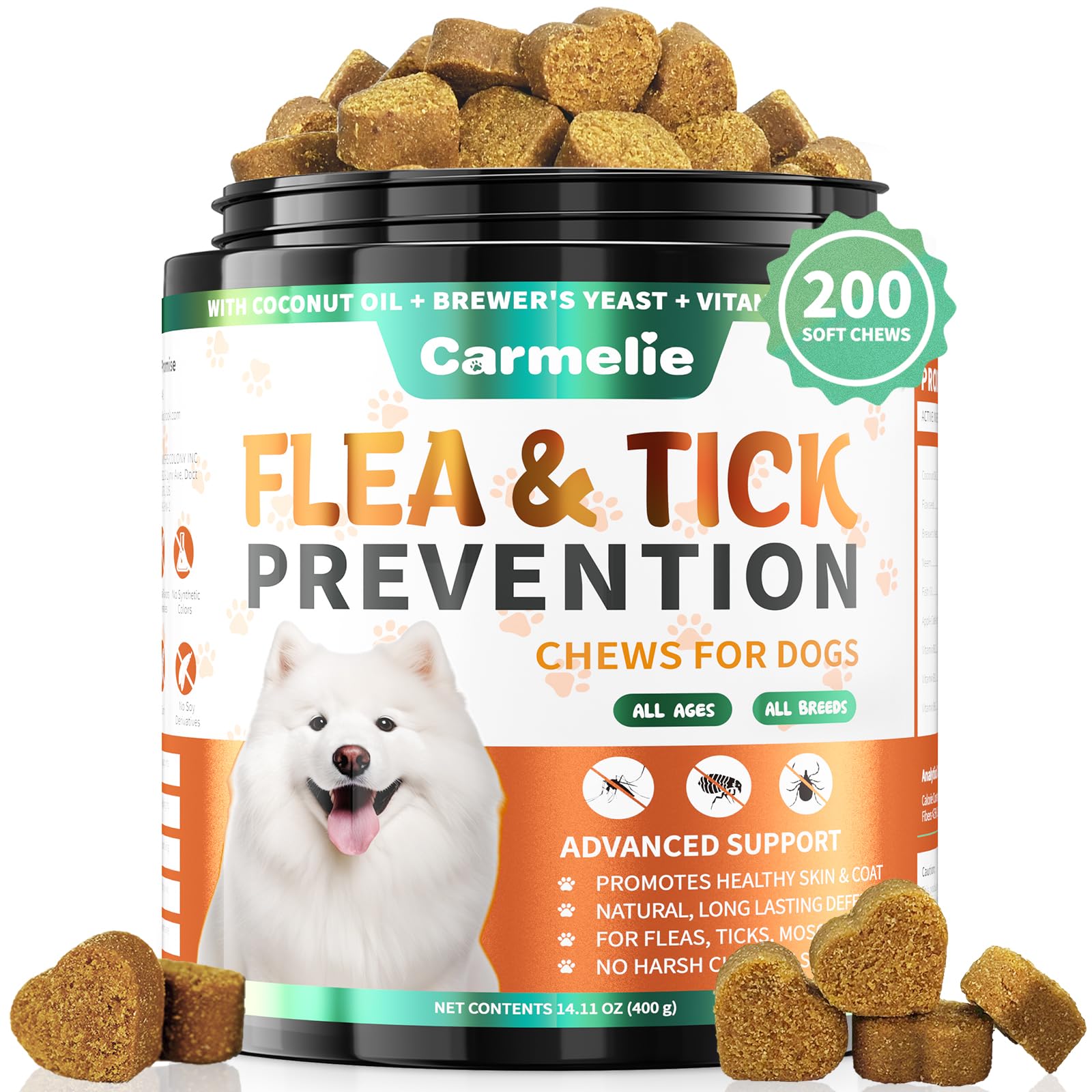 Carmelie emballage avant montrant 200 chews et bénéfice protection pratique