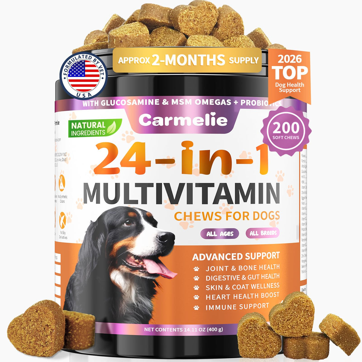 Carmelie emballage avant montrant 200 croquettes, information claire
