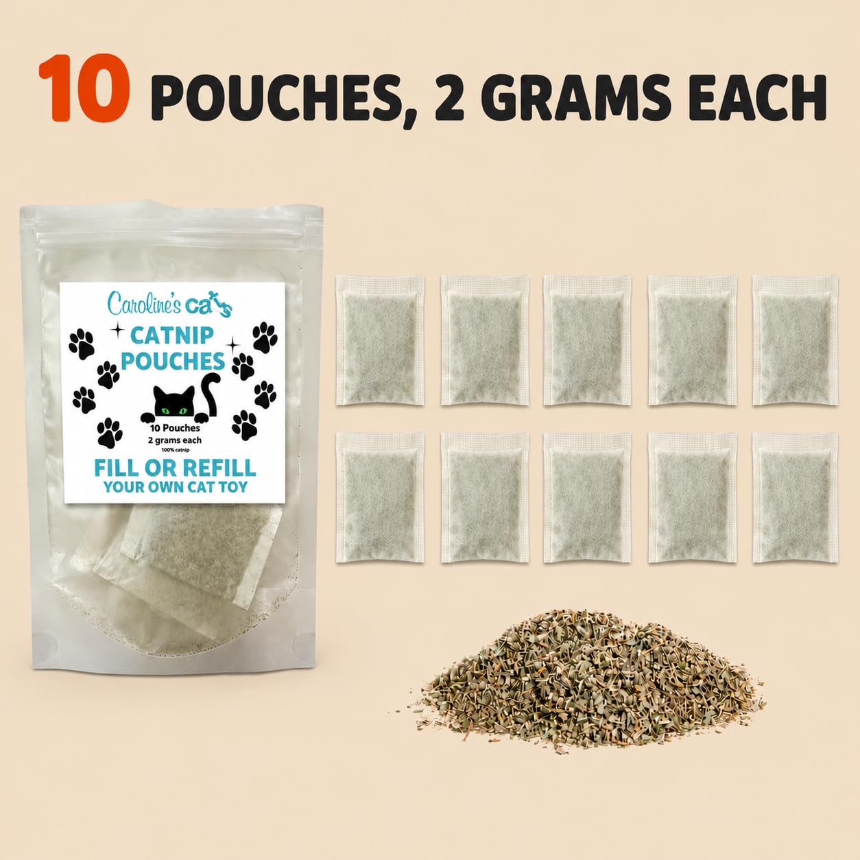 Caroline's Cats sachet comparé à une main pour visualiser la taille utile