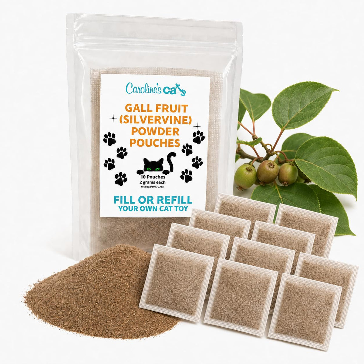 Caroline's Cats emballage avant montrant 10 recharges, facilite le stockage