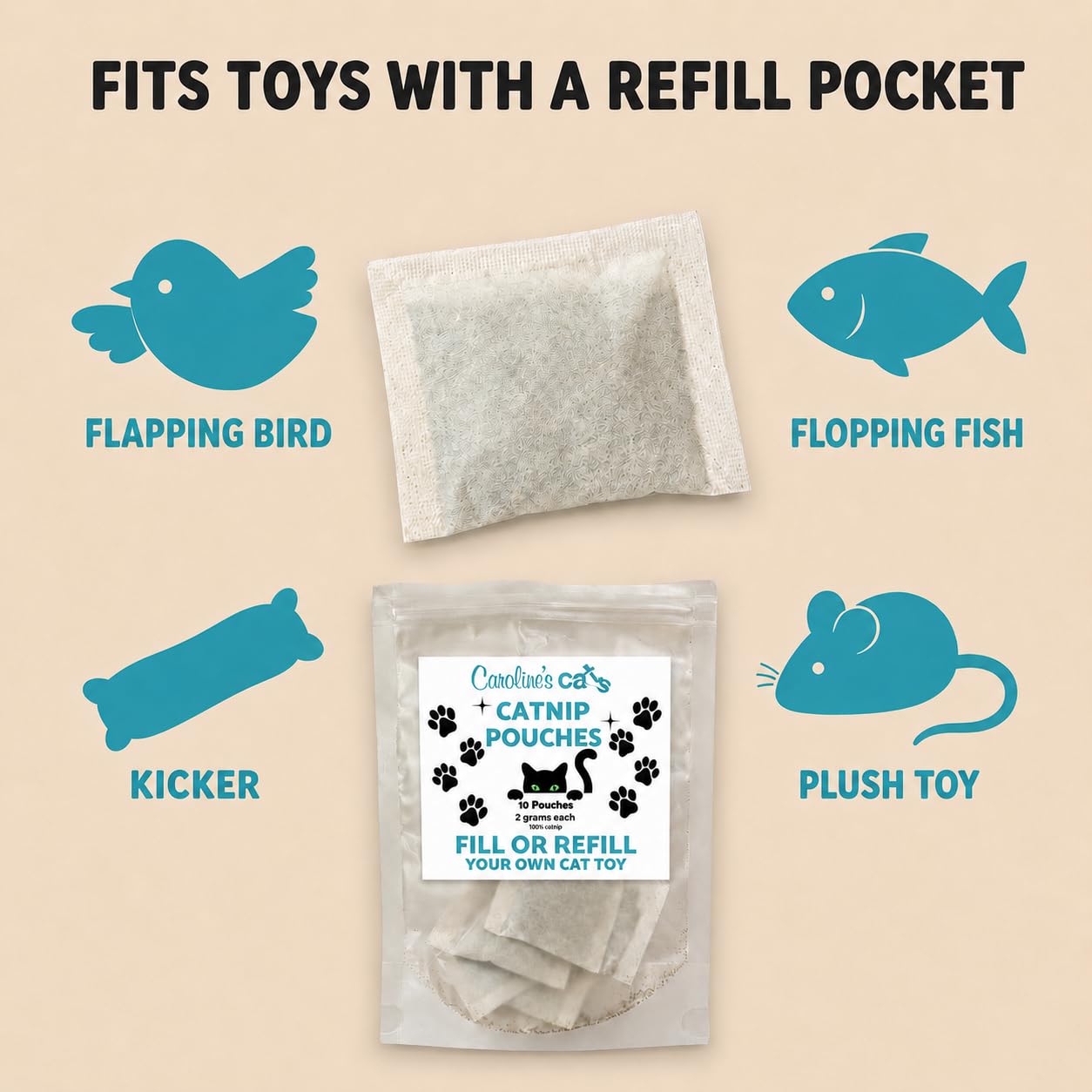 Caroline's Cats pile de dix sachets scellés pour recharges faciles et stockage pratique