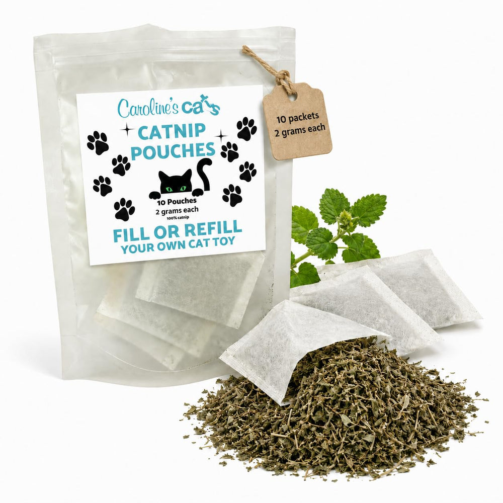 Caroline's Cats emballage avant montrant 10 sachets scellés et rangement propre