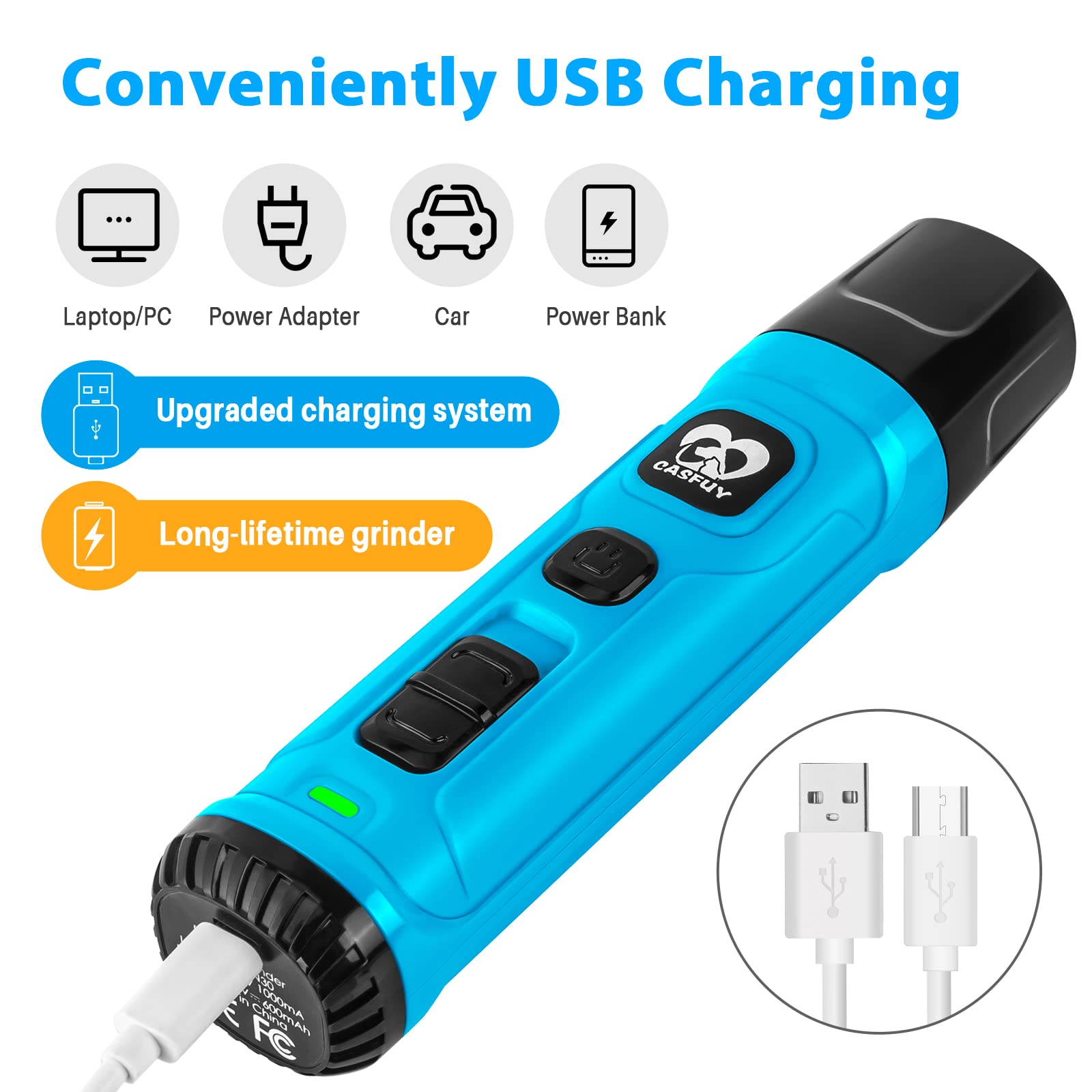 Casfuy packaging ouvert avec câble USB indiquant recharge pratique et sans fil