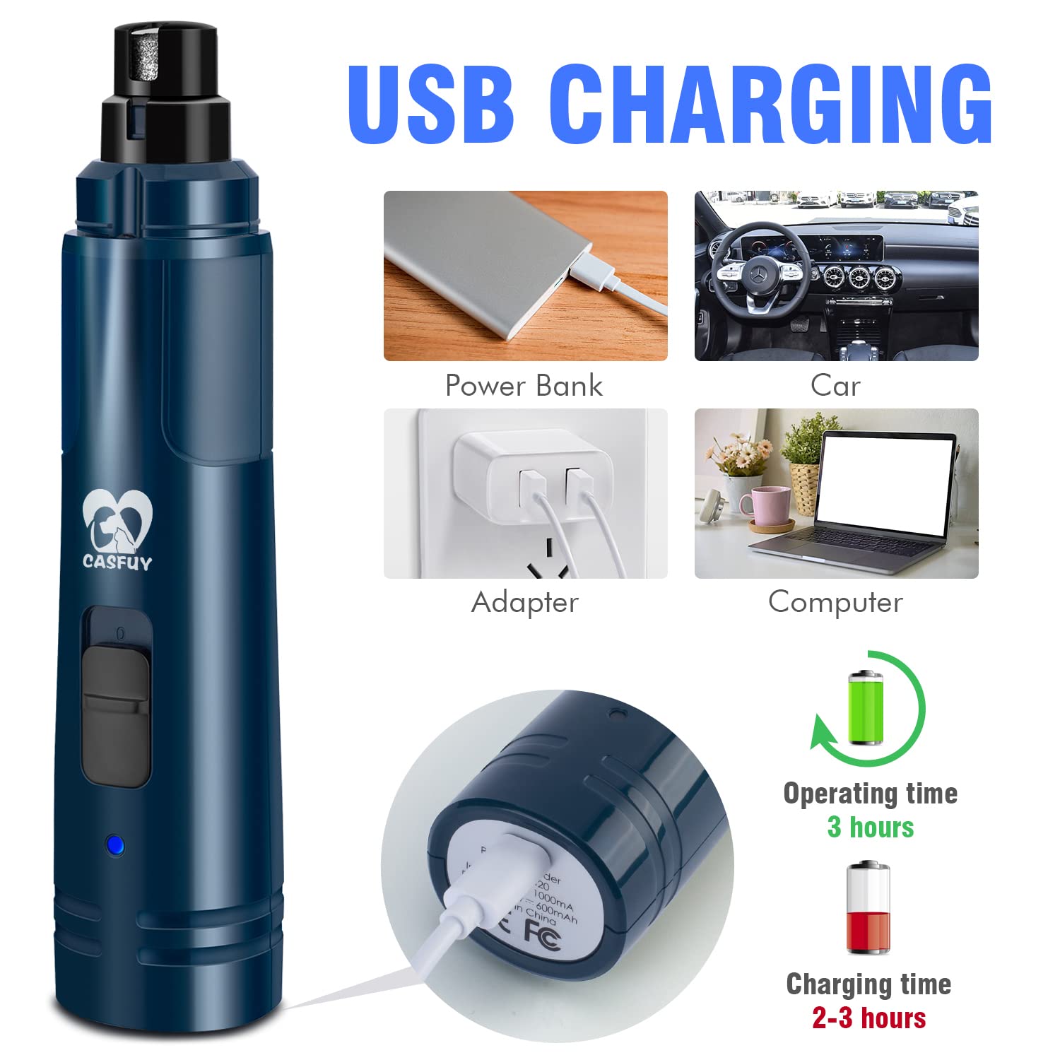 Casfuy accessoires et chargeur illustrant portabilité