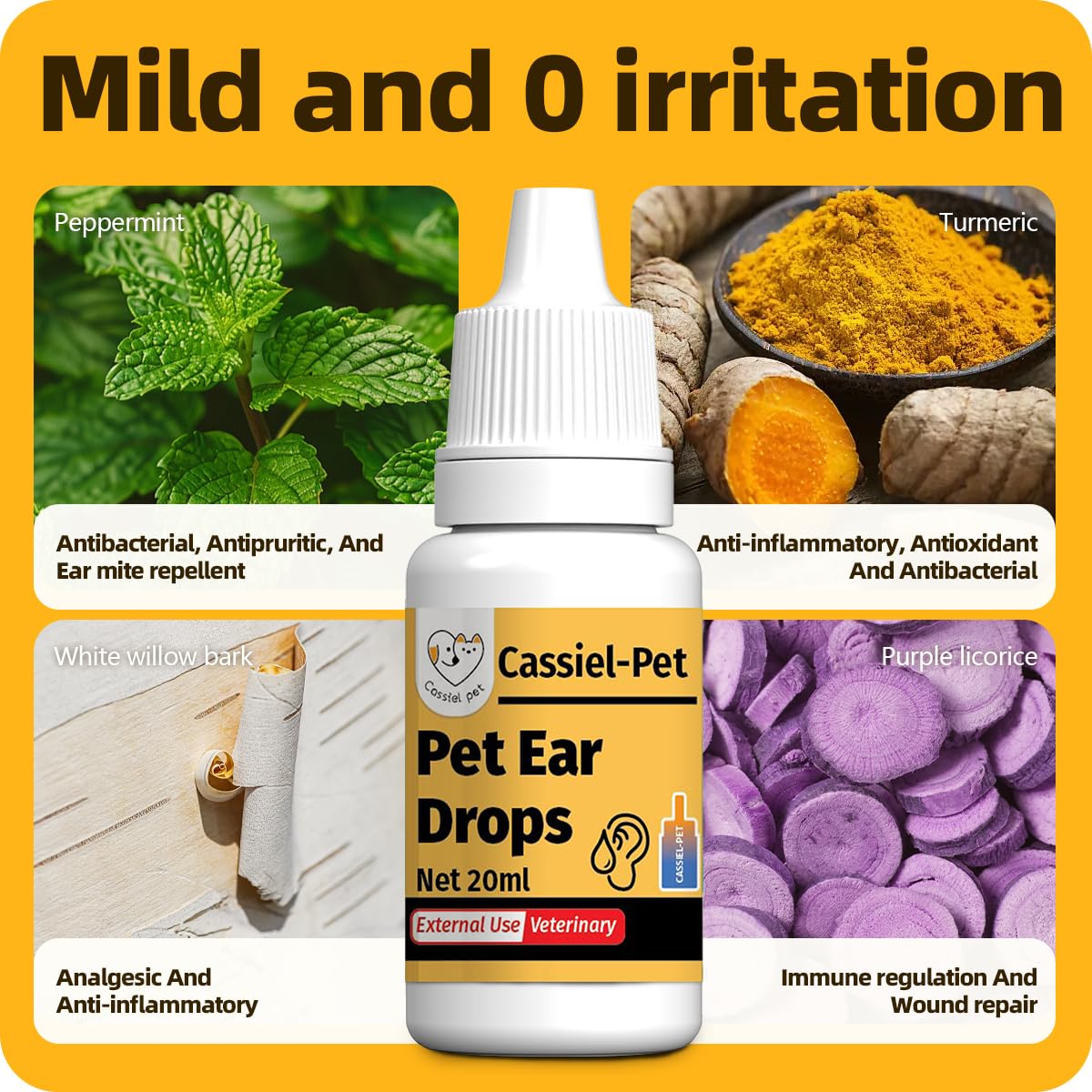 Cassiel pet ingrédients naturels regroupés, menthe curcuma et saule pour apaiser